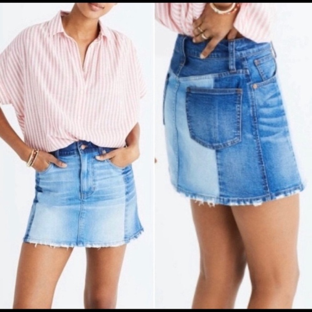 Madewell Two Tone Raw Hem Denim Mini Skirt
